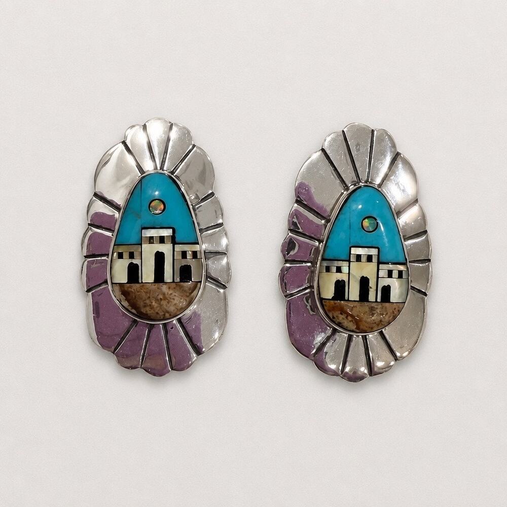 Pueblo Village Concho Sterling Silver Inlay Handmade Earrings
